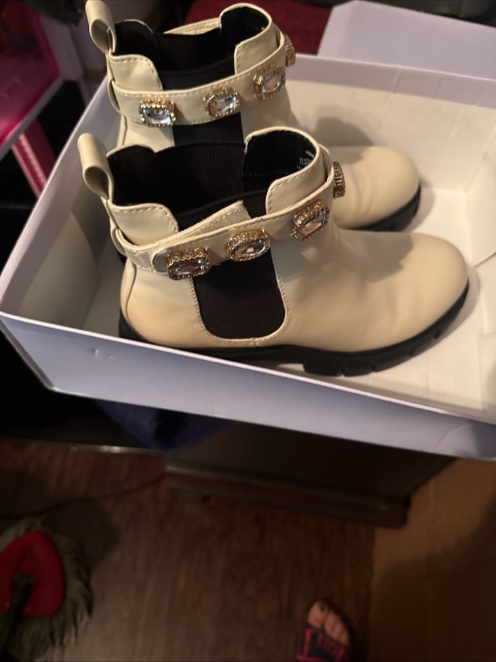 Madden Girl Cream Chelsea Boots with Jewel Strap